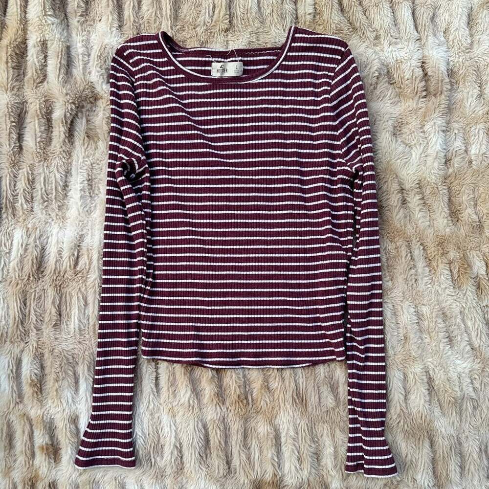 Hollister Burgundy White Striped Ribbed Long Sleeve Top Girls L Y2K Crew Neck